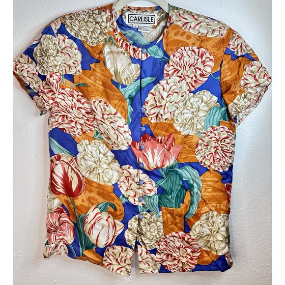 Vtg Carlisle Silk Bright Floral Button Up Size 6 - Picture 1 of 6